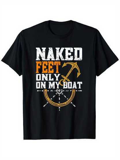 Men's Graphic T-Shirt Naked Feet Only On My Boat Nautical Anchor With Compass Artwork