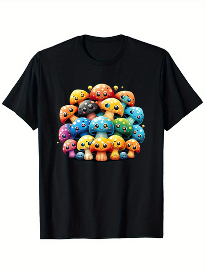 Men's Graphic T-Shirt Playful Cartoon Mushrooms With Colorful Smiling Faces Clustered Together Mushroom