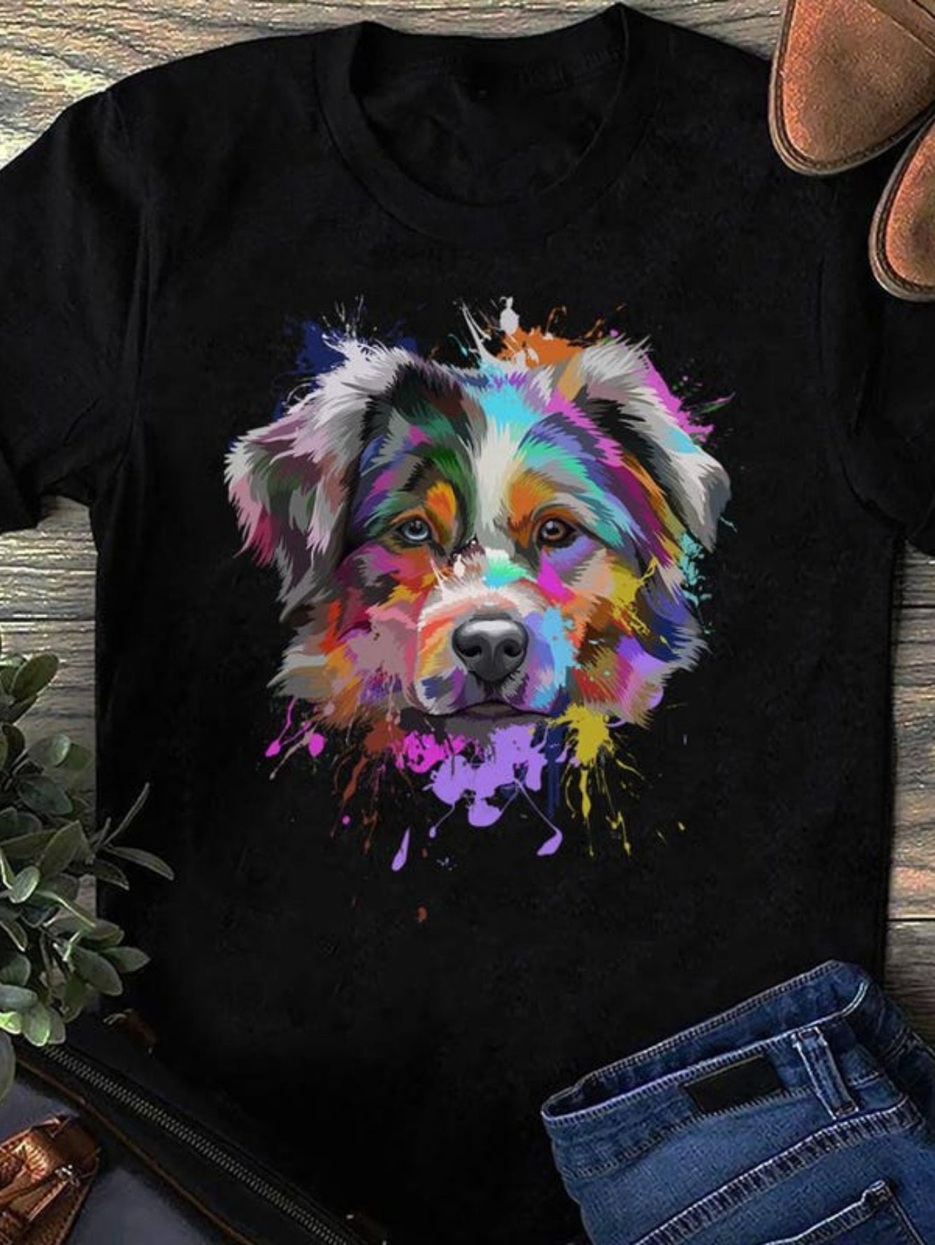 Men's Graphic T-Shirt Vivid Multicolored Splashes With Expressive Gaze Depicting A Lively Dog