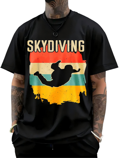 Men's Graphic T-Shirt Skydiving Vintage Striped Sunset With Silhouette In Freefall Skydiver