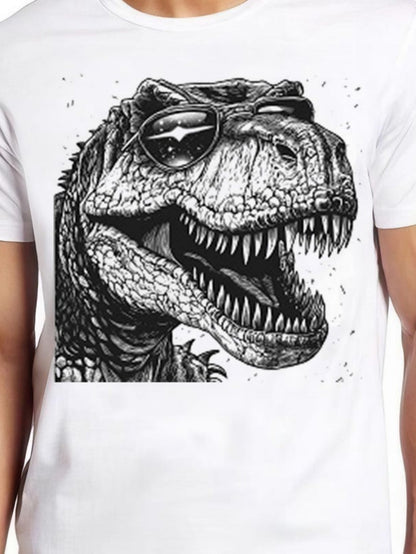 Men's Graphic T-Shirt Cool Sunglasses Wearing Dinosaur With Rugged Details Roaring Fiercely Under Sunlight Tyrannosaurus