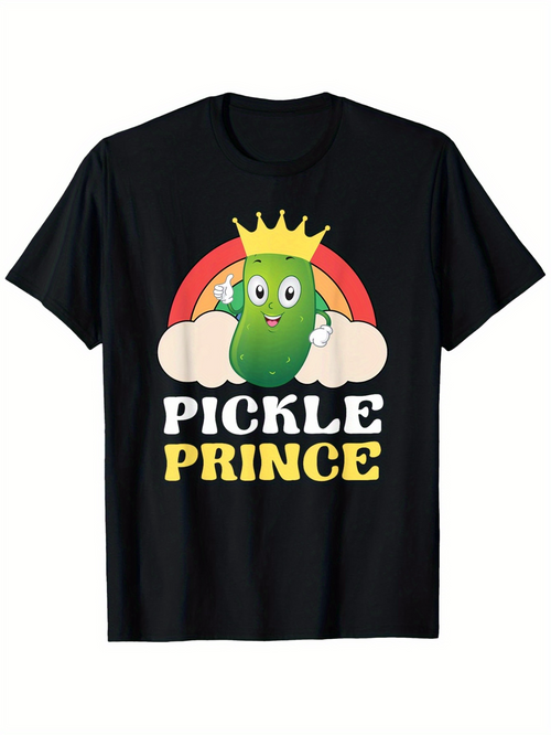 Men's Graphic T-Shirt Pickle Prince With Cartoon Crowned Green Pickle Over Rainbow Clouds