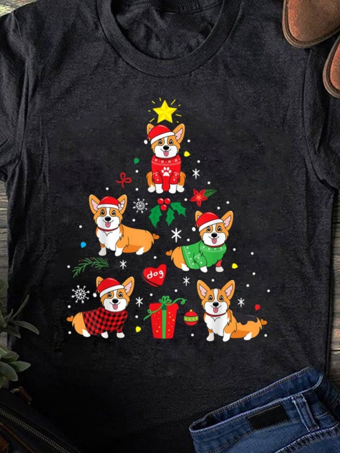 Men's Graphic T-Shirt Playful Corgis With Holiday Lights Ornaments And Christmas Tree Gift