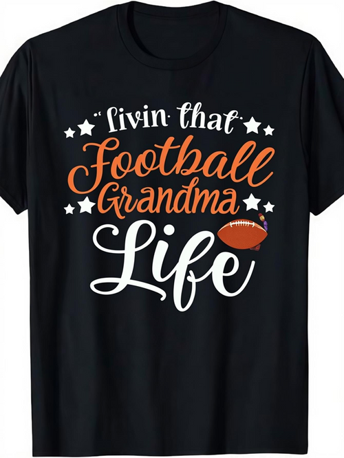 Men's Graphic T-Shirt Livin That Football Grandma Life With Stars Orange Text And Small Football