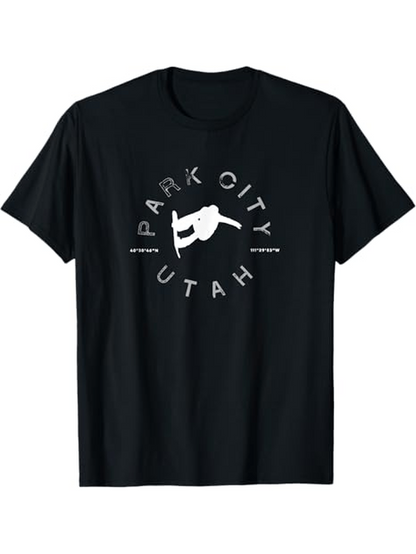 Men's Graphic T-Shirt Park City Utah Snowboarder Among Sharp Mountain Air