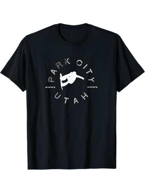 Men's Graphic T-Shirt Park City Utah Snowboarder Among Sharp Mountain Air