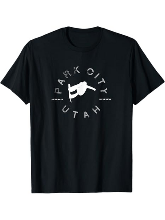 Men's Graphic T-Shirt Park City Utah Snowboarder Among Sharp Mountain Air