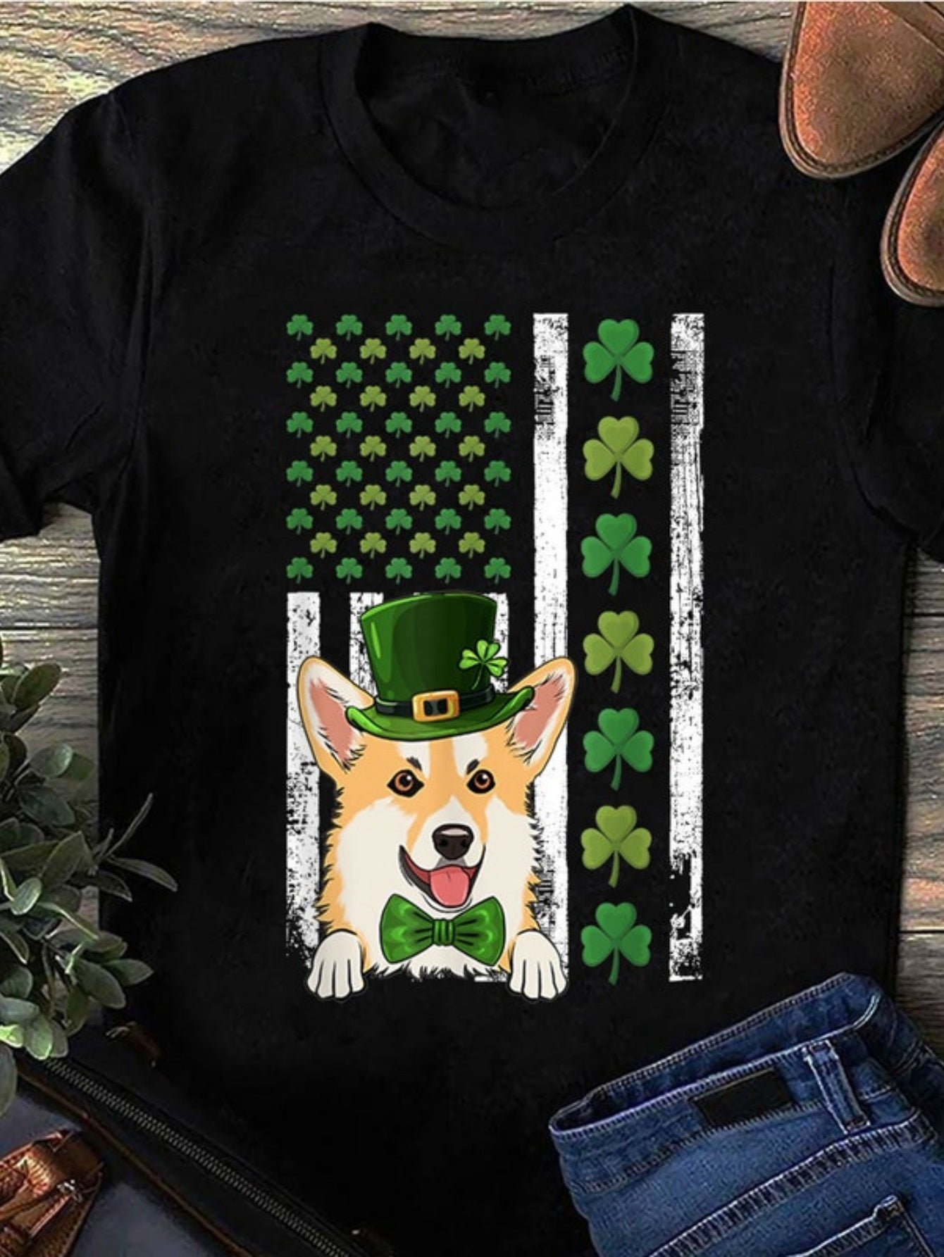Men's Graphic T-Shirt Cute Corgi With Green Hat And Clover Accents Under Festive Flag