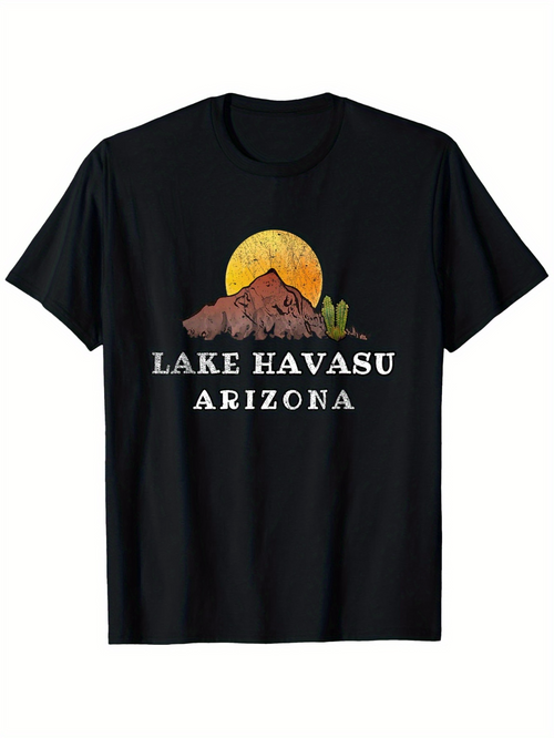 Men's Graphic T-Shirt Lake Havasu Arizona Sunrise Mountains With Cactus In Desert Landscape