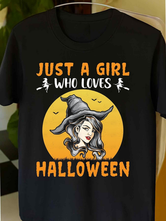 Men's Graphic T-Shirt Just A Girl Who Loves Halloween With Flying Bats Witch Hat Moon