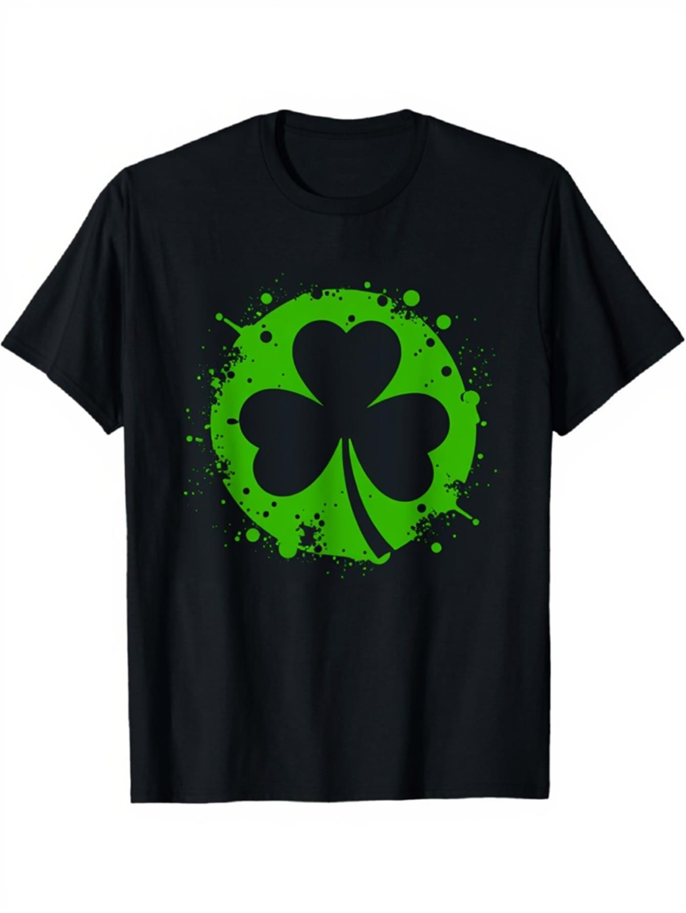Men's Graphic T-Shirt Splattered Green Paint Effect Surrounding Classic Lucky Shamrock Leaf