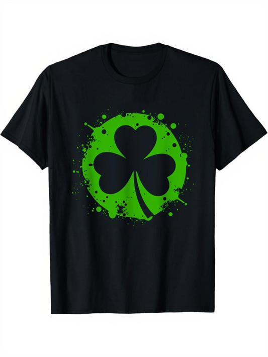 Men's Graphic T-Shirt Splattered Green Paint Effect Surrounding Classic Lucky Shamrock Leaf