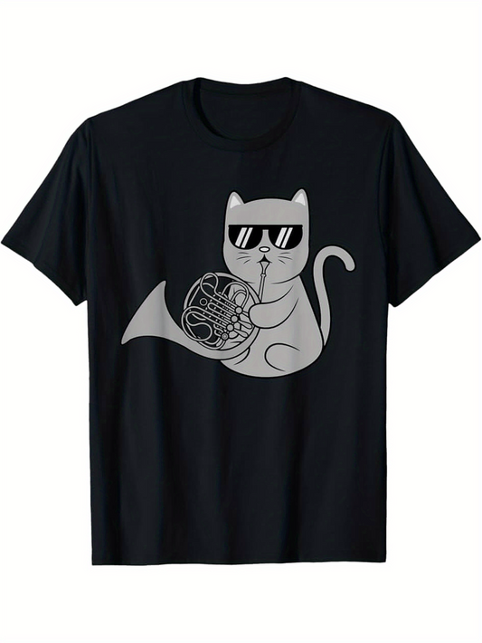 Men's Graphic T-Shirt Cool Cat With Jazz French Horn Wearing Sunglasses Tshirt