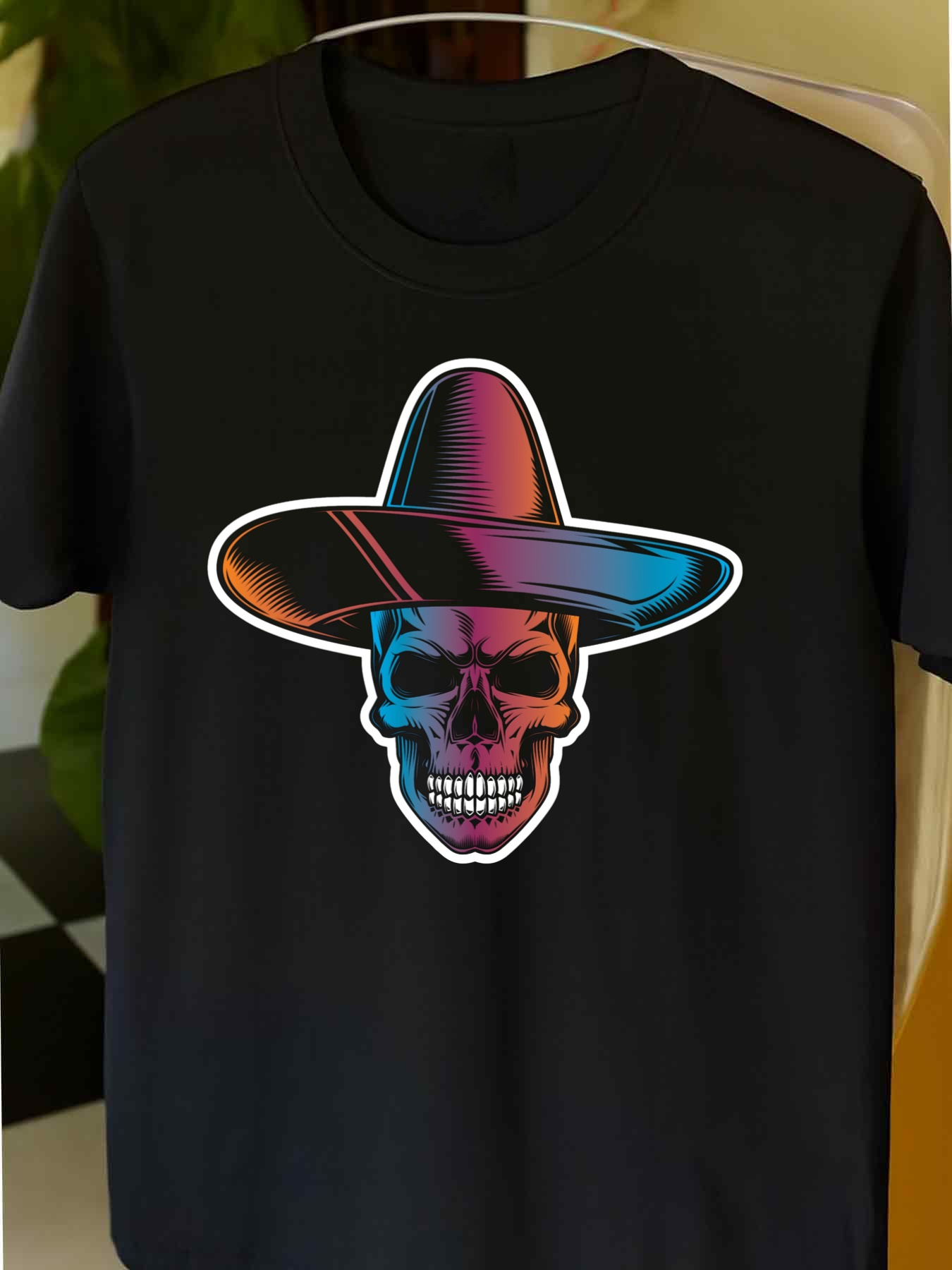 Men's Graphic T-Shirt Vibrant Neon Glow With Sombrero Wearing Skull