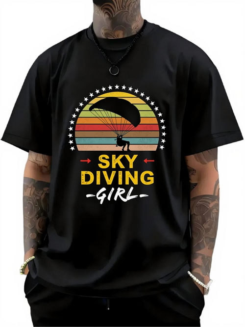 Men's Graphic T-Shirt Retro Sunset With Parachute Stripes And Bold Skydiving Girl