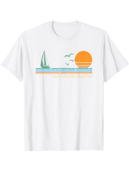 Men's Graphic T-Shirt Minimalist Ocean Sunset With Birds Sailboat And Calm Horizon Sun