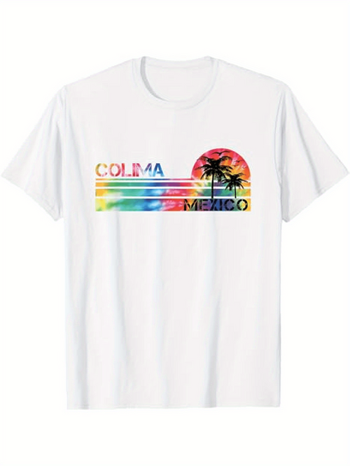 Men's Graphic T-Shirt Colima Mexico Sunset Colors With Palm Trees And Ocean Lines