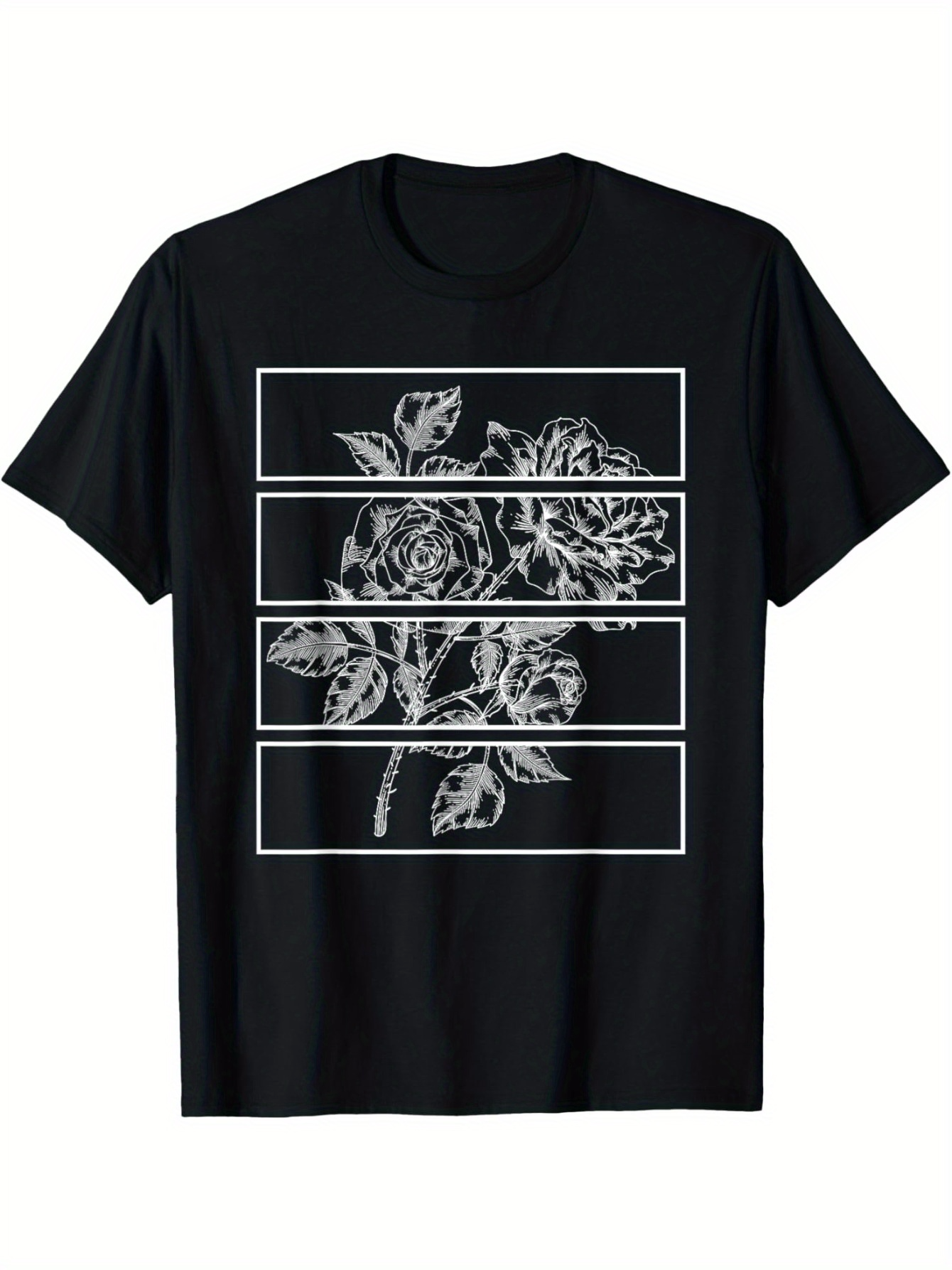 Men's Graphic T-Shirt Floral Outline Art With Geometric Framed Layered Botanical Roses Flower