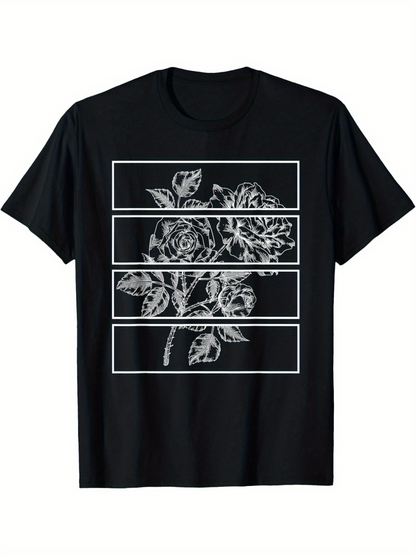 Men's Graphic T-Shirt Floral Outline Art With Geometric Framed Layered Botanical Roses Flower