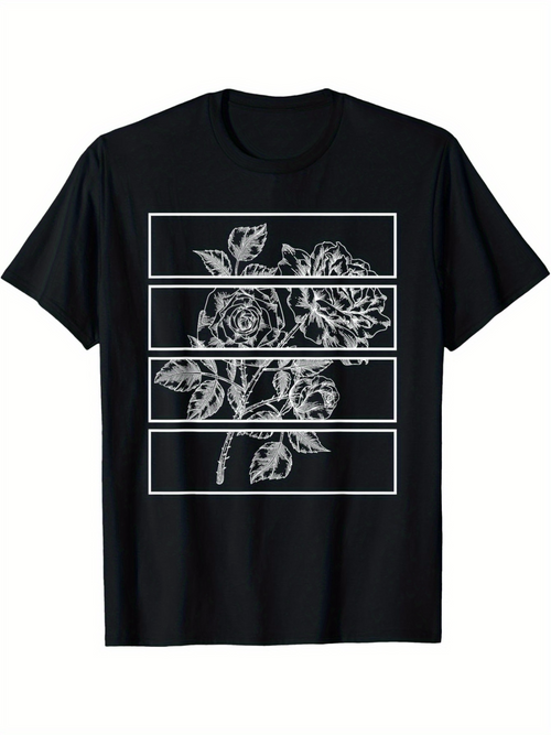 Men's Graphic T-Shirt Floral Outline Art With Geometric Framed Layered Botanical Roses Flower