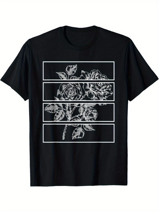 Men's Graphic T-Shirt Floral Outline Art With Geometric Framed Layered Botanical Roses Flower
