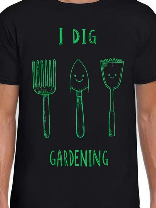 Men's Graphic T-Shirt I Dig Gardening Smiling Green Tools On Black Shirt
