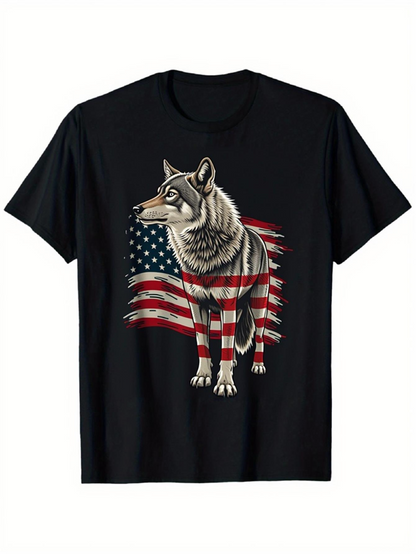 Men's Graphic T-Shirt Majestic Wolf Standing With Flowing American Flag Background Wolf