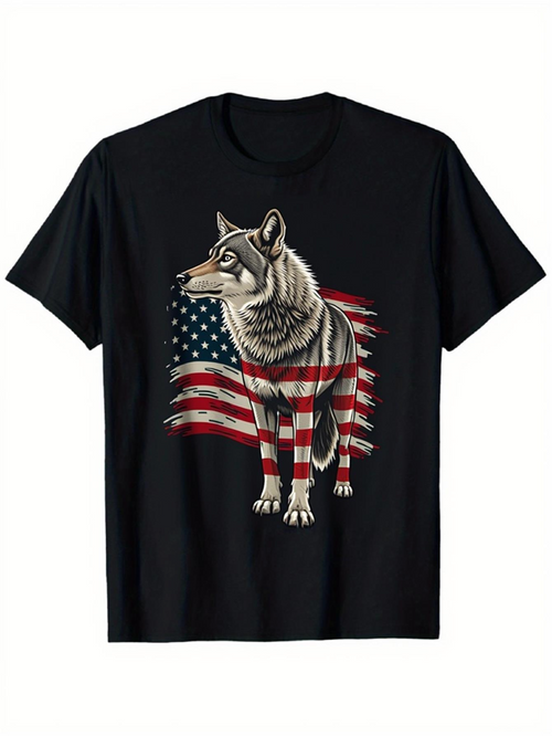 Men's Graphic T-Shirt Majestic Wolf Standing With Flowing American Flag Background Wolf
