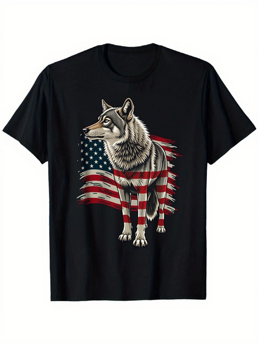 Men's Graphic T-Shirt Majestic Wolf Standing With Flowing American Flag Background Wolf