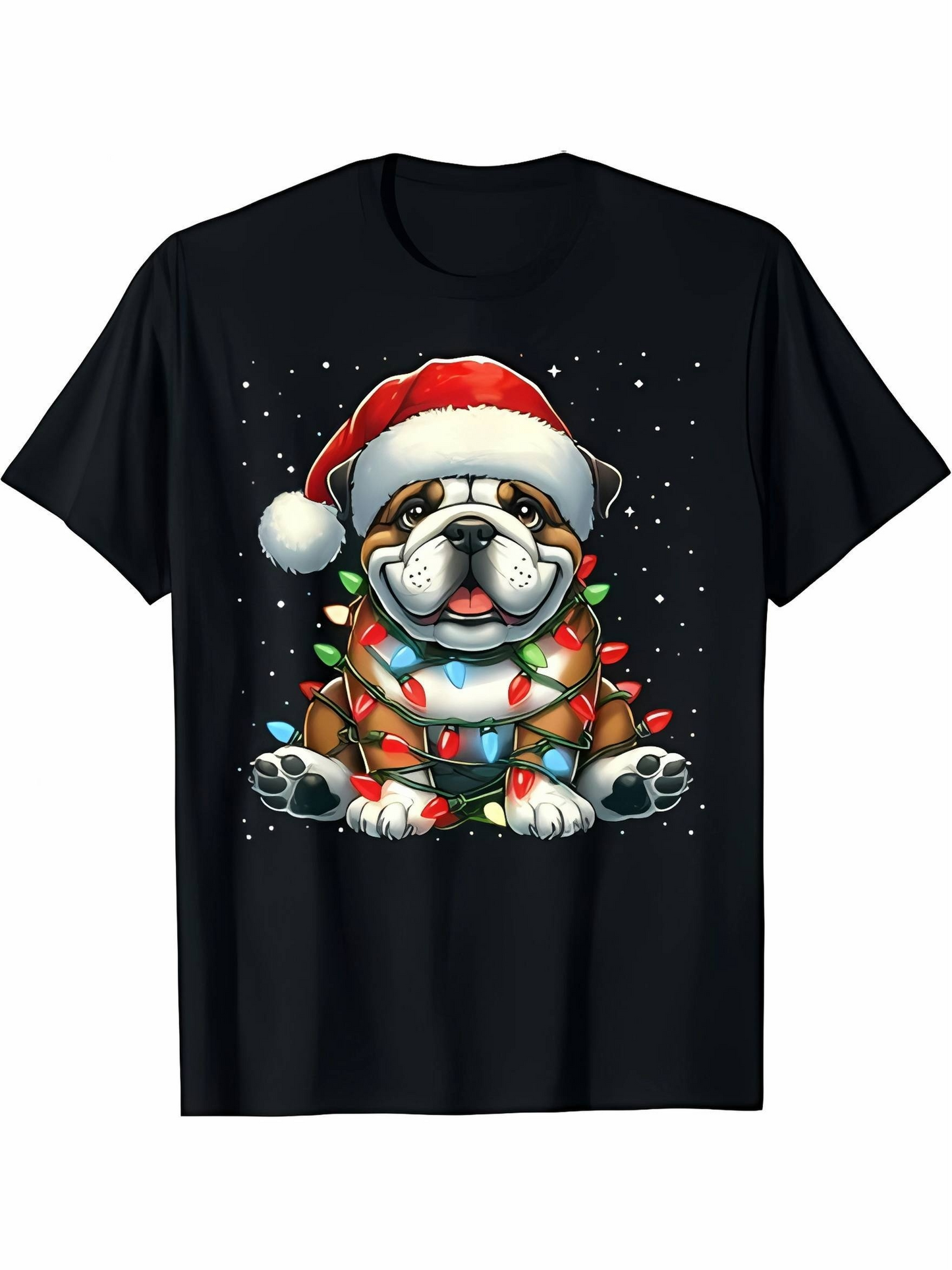 Men's Graphic T-Shirt Colorful Christmas Lights With Santa Hat On Festive Happy Bulldog