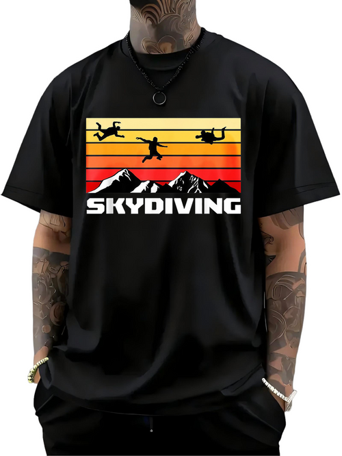 Men's Graphic T-Shirt Skydiving At Sunset With Silhouetted Jumpers And Mountain Scenery