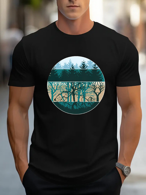 Men's Graphic T-Shirt Layered Forest Scene With Winter Sky And Tall Pine Trees