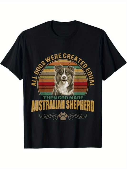 Men's Graphic T-Shirt All Dogs Were Created Equal Vintage Rainbow Stripes With Dog Illustration Australian Shepherd