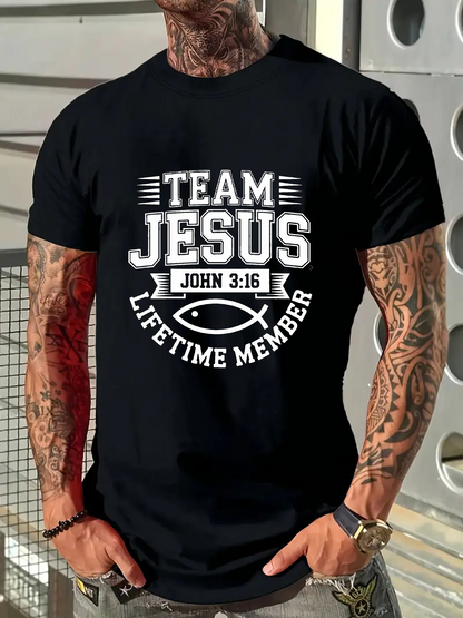 Men's Graphic T-Shirt Team Jesus White Lettering With Ichthys Fish Symbol Under Powerful Sunlight T Shirt