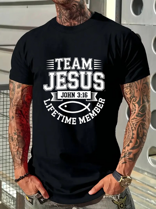 Men's Graphic T-Shirt Team Jesus White Lettering With Ichthys Fish Symbol Under Powerful Sunlight T Shirt