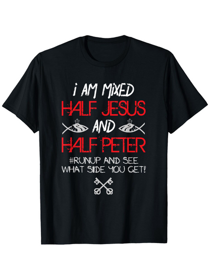 Men's Graphic T-Shirt I Am Mixed Half Jesus And Half Peter Quote With Keys And Fish Symbols T Shirt