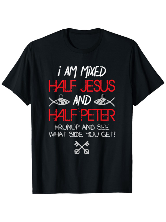 Men's Graphic T-Shirt I Am Mixed Half Jesus And Half Peter Quote With Keys And Fish Symbols T Shirt