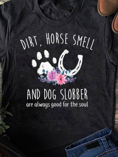 Men's Graphic T-Shirt Dirt Horse Smell With Horseshoe Paw Prints Flowers Dog