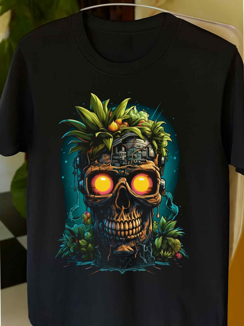 Men's Graphic T-Shirt Tropical Jungle With Glowing Eyes Amid Lush Green Leaves Skull