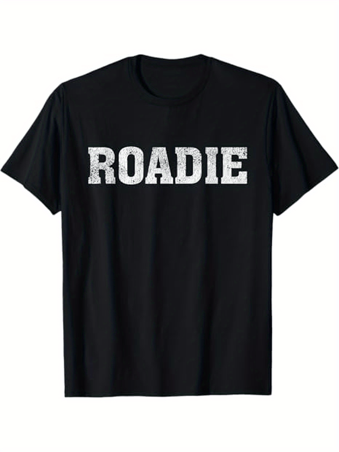 Men's Graphic T-Shirt Roadie Distressed White Bold Letters On Solid Black Tee
