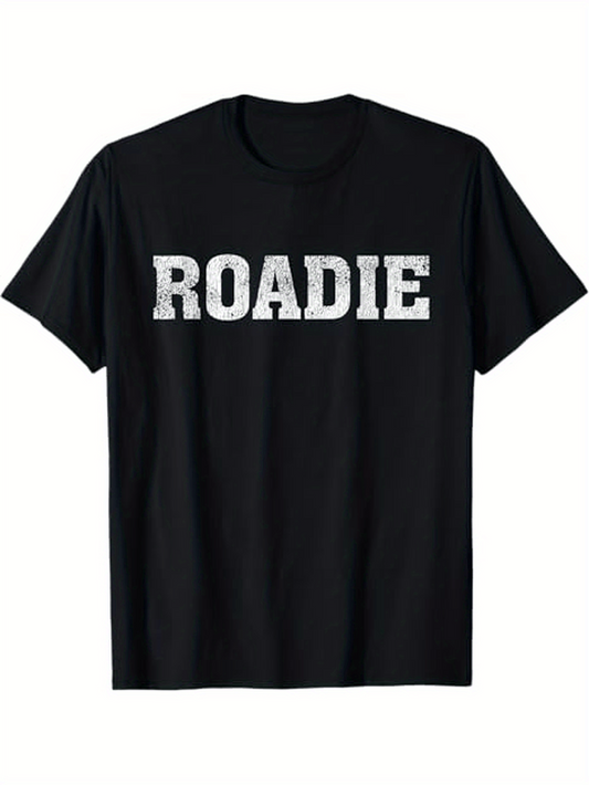 Men's Graphic T-Shirt Roadie Distressed White Bold Letters On Solid Black Tee