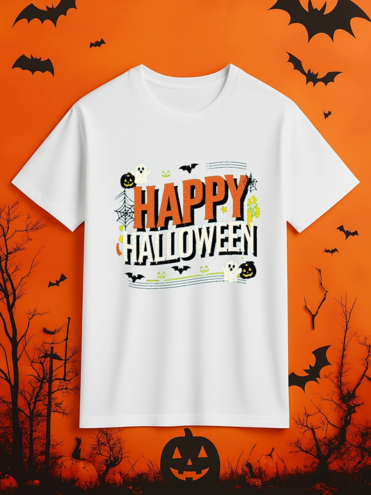 Men's Graphic T-Shirt Happy Halloween With Pumpkins Spiders Stars And Flying Bats