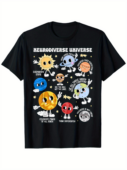 Men's Graphic T-Shirt Neurodiverse Universe Cartoon Planets With Positive Emoji Faces Surrounded By Stars