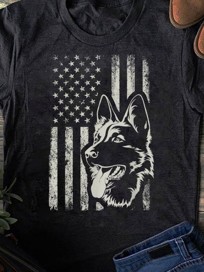 Men's Graphic T-Shirt American Flag With Grungy Stripes And Loyal German Shepherd Dog