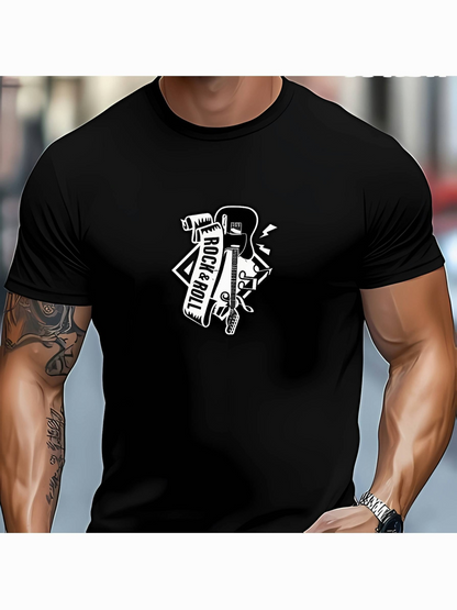 Men's Graphic T-Shirt Rock And Roll Classic Electric Guitar With Retro Geometric Shapes