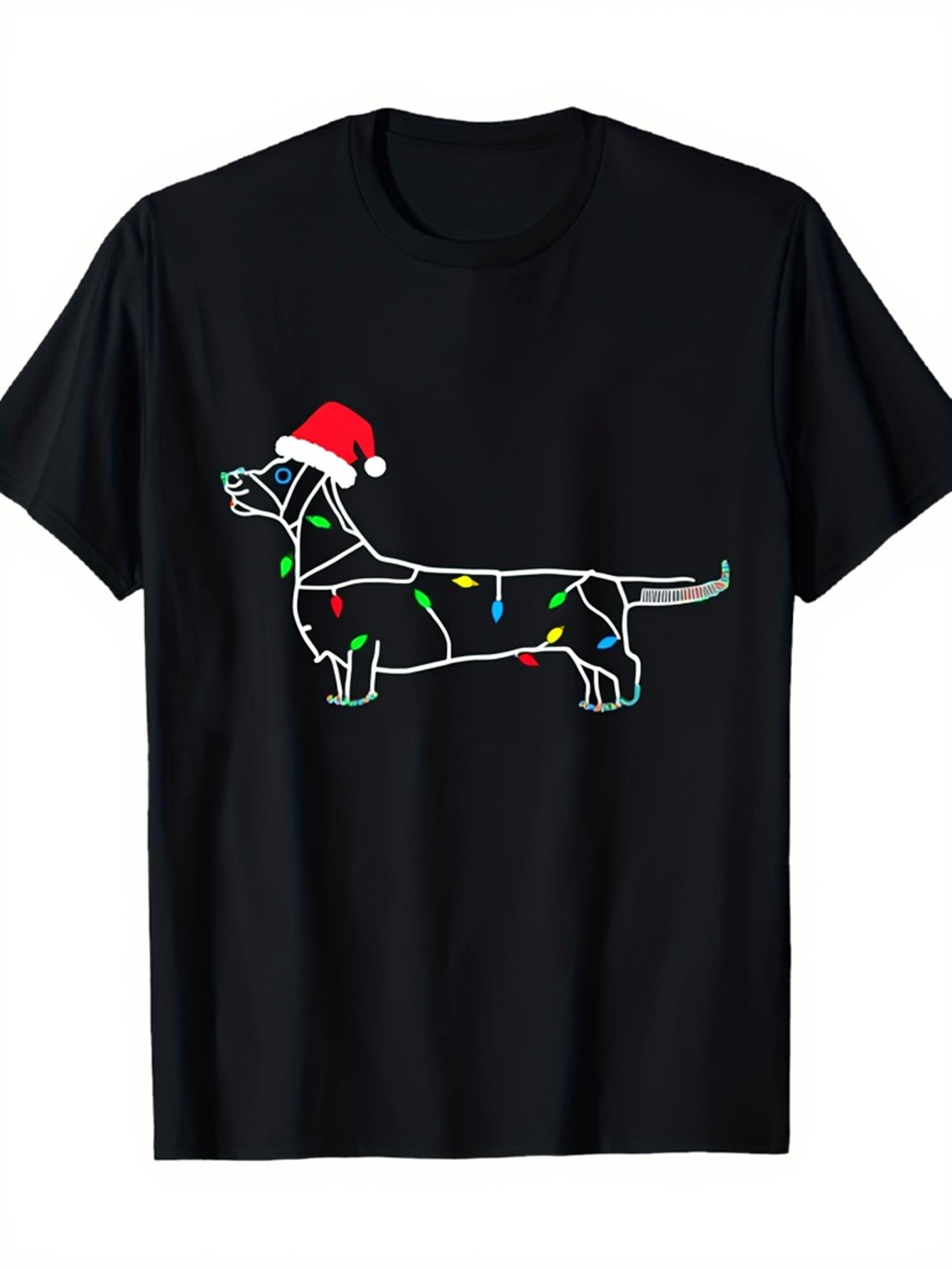 Men's Graphic T-Shirt Holiday Lights String With Santa Hat Dachshund Dog
