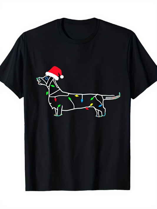 Men's Graphic T-Shirt Holiday Lights String With Santa Hat Dachshund Dog