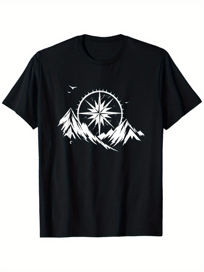 Men's Graphic T-Shirt Radiant Compass With Majestic Snowy Peaks Under Starry Mountain Landscape