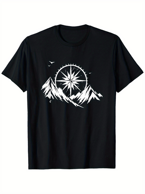 Men's Graphic T-Shirt Radiant Compass With Majestic Snowy Peaks Under Starry Mountain Landscape