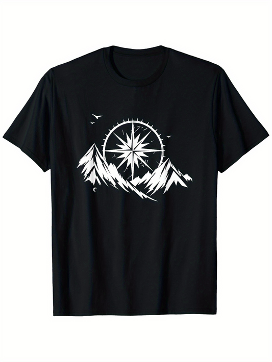 Men's Graphic T-Shirt Radiant Compass With Majestic Snowy Peaks Under Starry Mountain Landscape